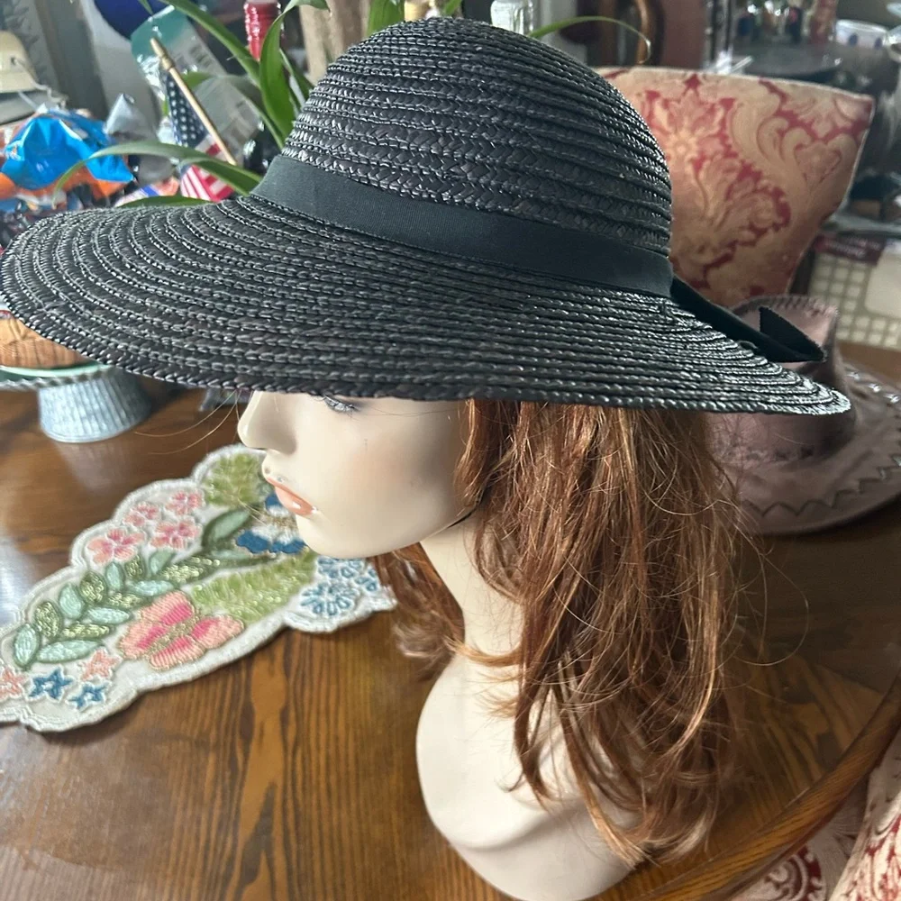 Vintage Black/Brown Straw Wide Brim Derby Hat